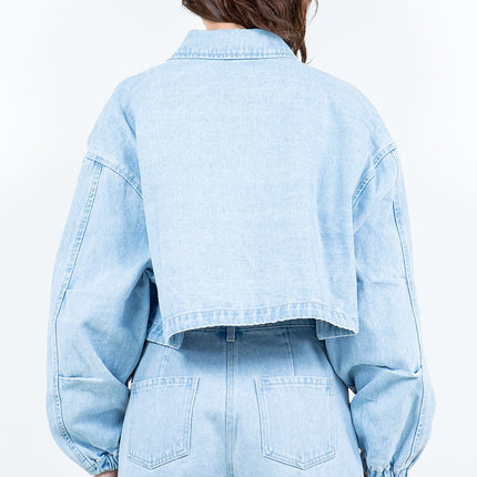 American Bazi Drawstring Waist Crop Denim Jacket