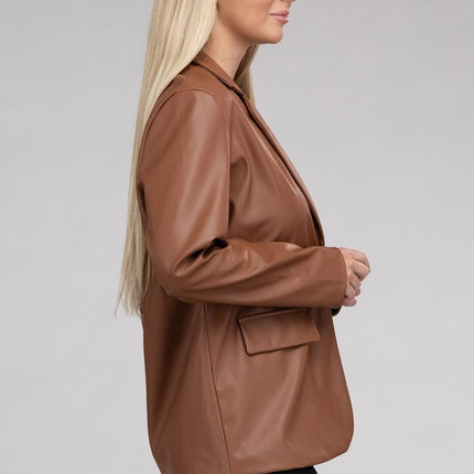 Sleek Pu Leather Blazer with Front Closure