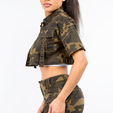 American Bazi Full Size Camouflage Short Sleeve Cropped Jacket