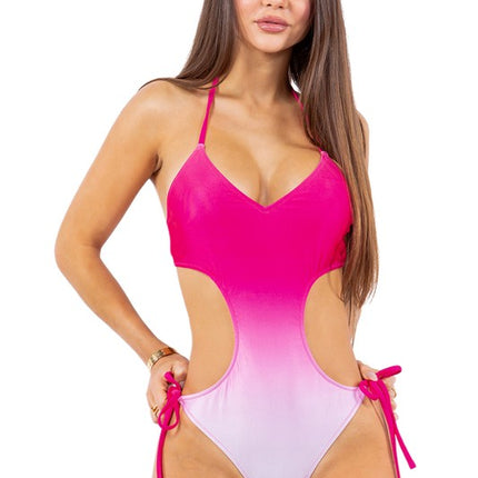 ONE PIECE OMBRE SIDE TIED HALTER NECKLINE SWIMSUIT