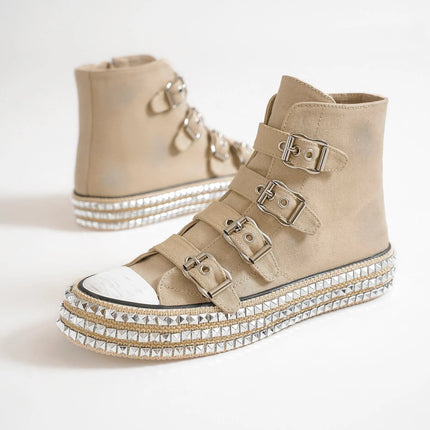 Beast Fashion Multi-Buckle Straps Studded Platform Sneakers