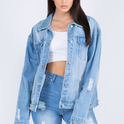 American Bazi Full Size Painted Back Distressed Denim Jacket