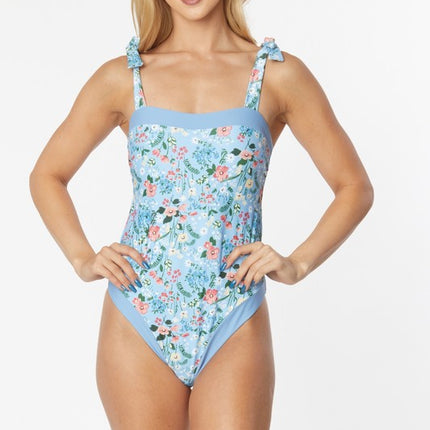 ONE PIECE BATHING SUIT FLORAL PRINT SHOULER TOP TI