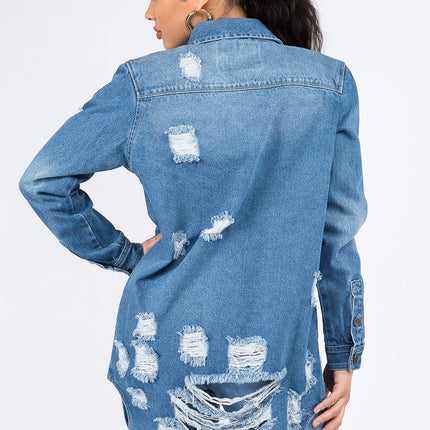 American Bazi Distressed Button Down Denim Shirt Jacket