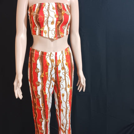 Baroque chain print crop top and flared pant 2 piece set