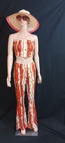 Baroque chain print crop top and flared pant 2 piece set