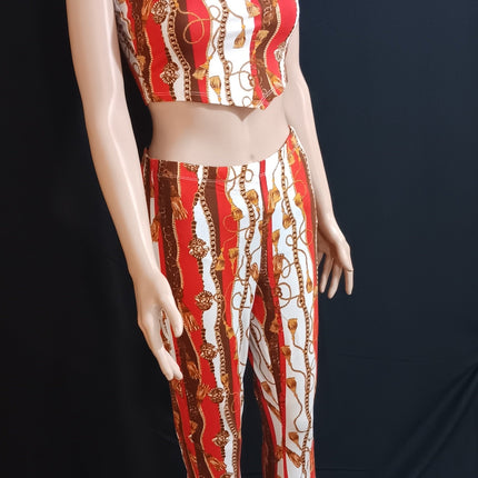 Baroque chain print crop top and flared pant 2 piece set