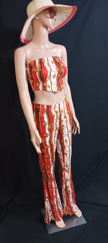 Baroque chain print crop top and flared pant 2 piece set