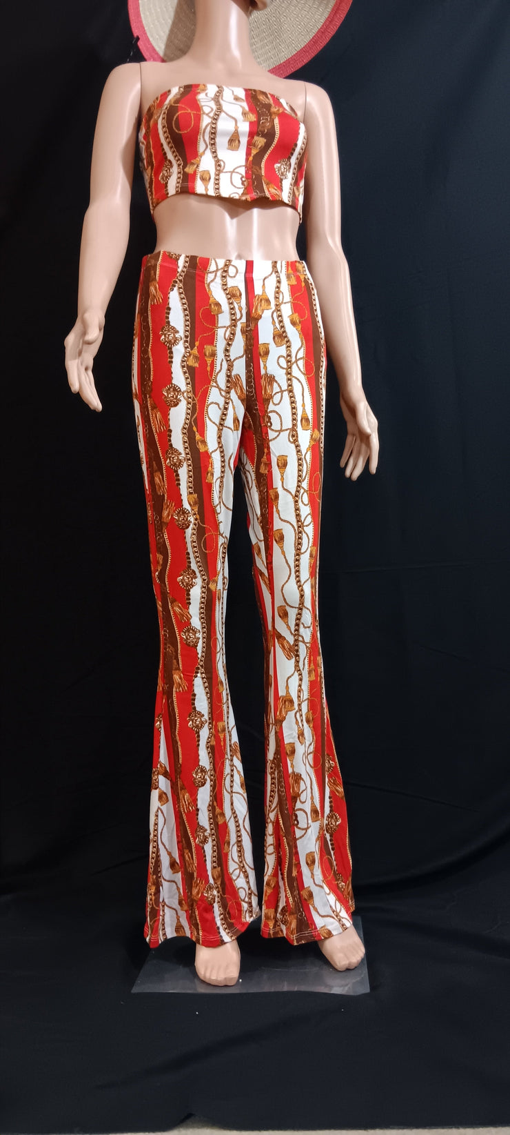 2 piece baroque chain print crop top and flared pant set