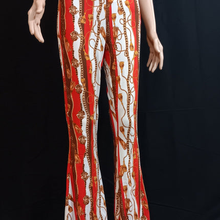 Baroque chain print crop top and flared pant 2 piece set