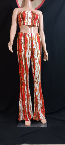 Baroque chain print crop top and flared pant 2 piece set