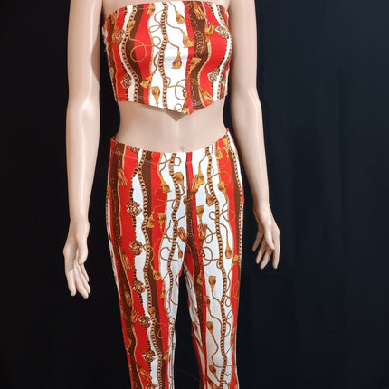 Baroque chain print crop top and flared pant 2 piece set