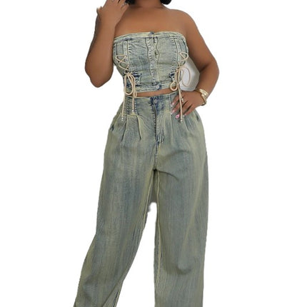 WOMEN FASHION DENIM TWO PIECE PANTS SET