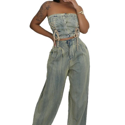 WOMEN FASHION DENIM TWO PIECE PANTS SET