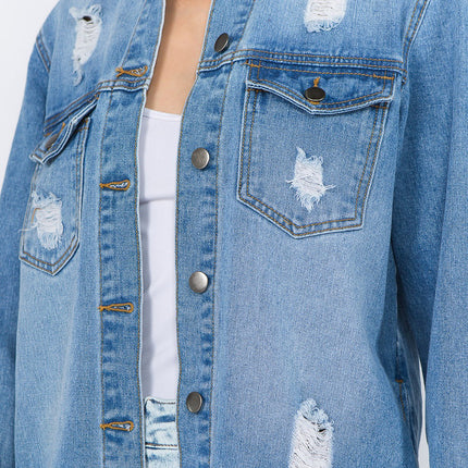 American Bazi Distressed Frayed Hem Denim Jacket