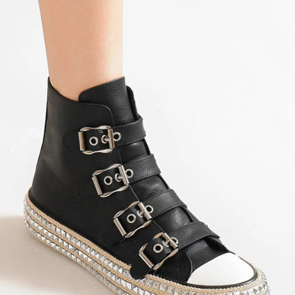 Beast Fashion Multi-Buckle Straps Studded Platform Sneakers