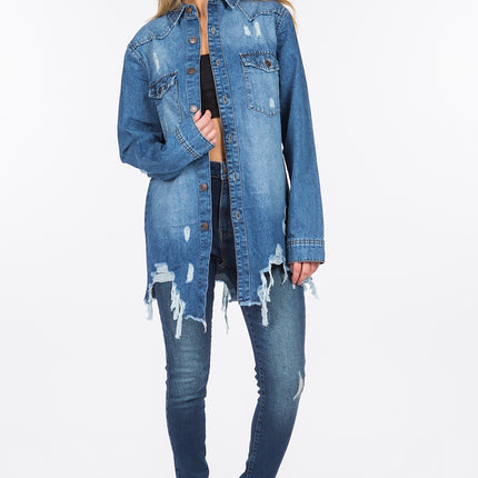 American Bazi Distressed Frayed Hem Denim Jacket