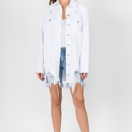 American Bazi Distressed Frayed Hem Denim Jacket