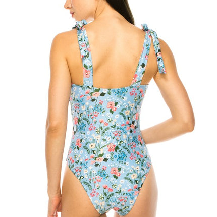 ONE PIECE BATHING SUIT FLORAL PRINT SHOULER TOP TI