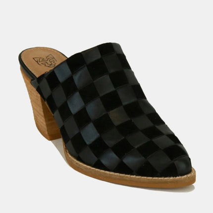 Beast Fashion Woven Checkerboard Block Heel Mule Shoes