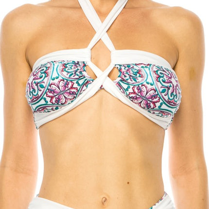 TWO PIECE FLORAL PRINTS CRISS CROSS HALTER BIKINI