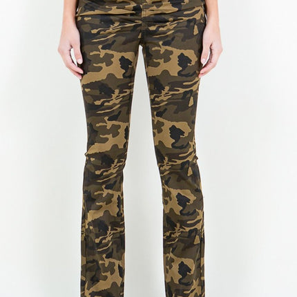 American Bazi V-Cut Ruched Camo Flare Pants