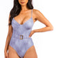 One Piece Buckle Belt embellish Denim Swimsuit