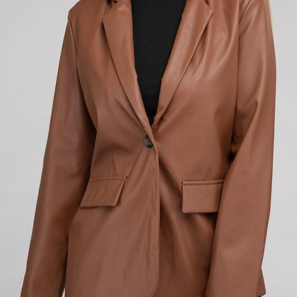 Sleek Pu Leather Blazer with Front Closure