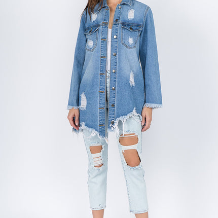 American Bazi Distressed Frayed Hem Denim Jacket