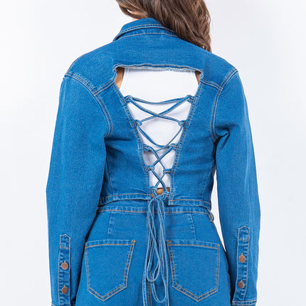 American Bazi Laced Back Cropped Denim Jacket