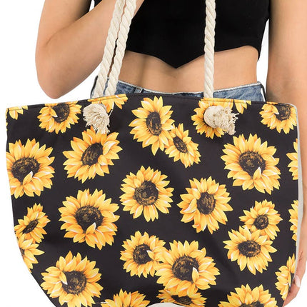 Sunflower Print Rope Handle Canvas Tote Bag