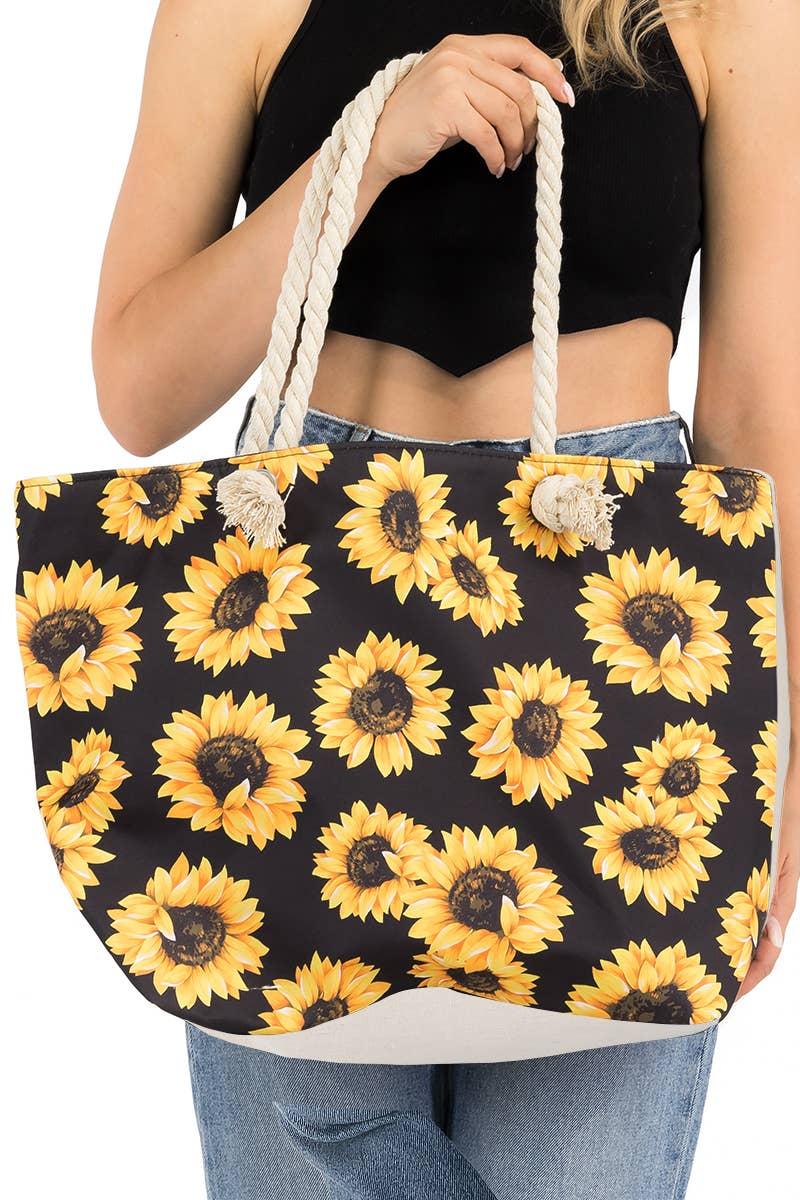 Sunflower Print Rope Handle Canvas Tote Bag