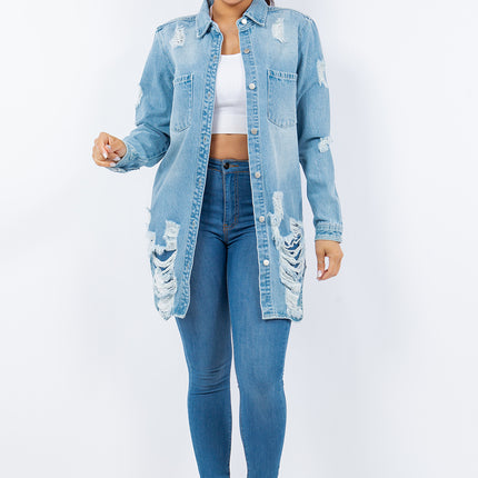 American Bazi Distressed Button Up Long Sleeve Denim Jacket