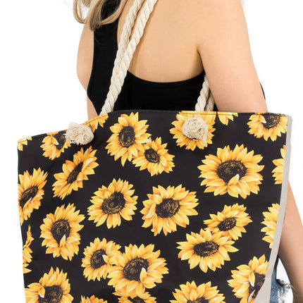 Sunflower Print Rope Handle Canvas Tote Bag