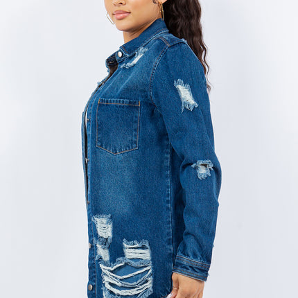 American Bazi Distressed Button Up Long Sleeve Denim Jacket