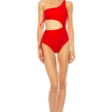 ONE PIECE SIDE LACE CUTOUT ONE SHOULDER SWIMSUIT