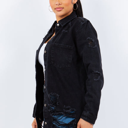 American Bazi Distressed Button Up Long Sleeve Denim Jacket