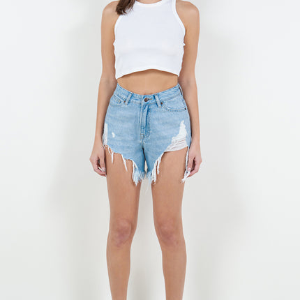 American Bazi High Waist Fringed Hem Denim Shorts