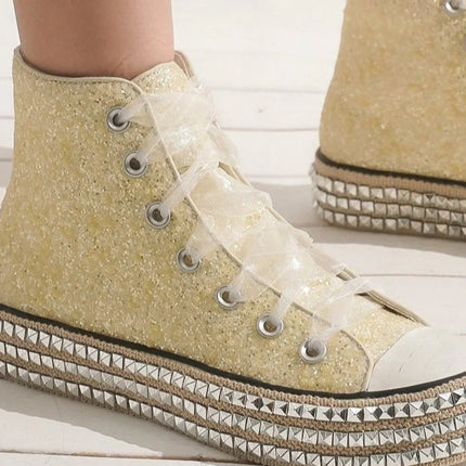 Beast Fashion Glitter Lace-Up Studded Platform Sneakers