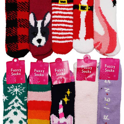 Patterned Fuzzy Fleece Indoor Mid-Crew Socks