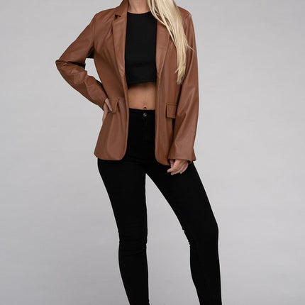 Sleek Pu Leather Blazer with Front Closure