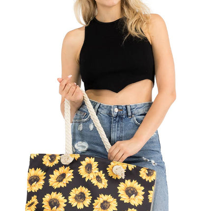 Sunflower Print Rope Handle Canvas Tote Bag