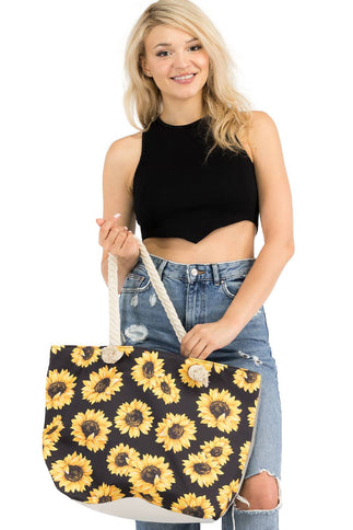 Sunflower Print Rope Handle Canvas Tote Bag