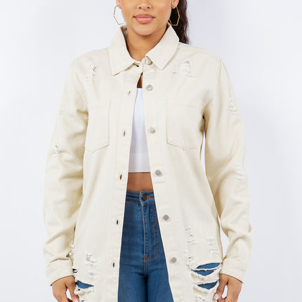 American Bazi Distressed Button Up Long Sleeve Denim Jacket