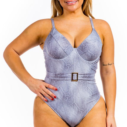 One Piece Buckle Belt embellish Denim Swimsuit