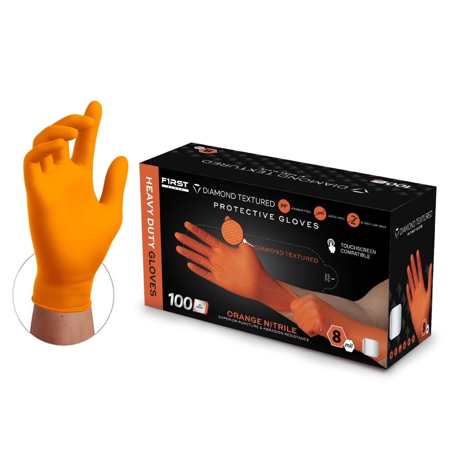 First Glove 8 Mil Oranage Nitrile Gloves Box of 100
