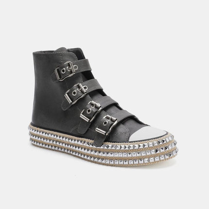 Beast Fashion Multi-Buckle Straps Studded Platform Sneakers