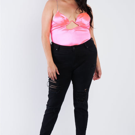 Plus Size Silk Chain Spaghetti Strap High Center Cut Out Bodysuit