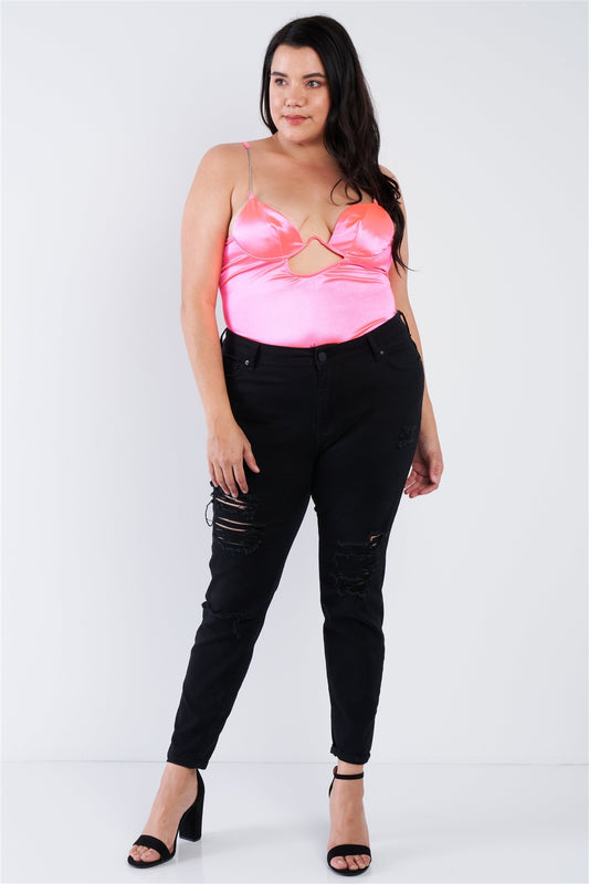 Plus Size Silk Chain Spaghetti Strap High Center Cut Out Bodysuit