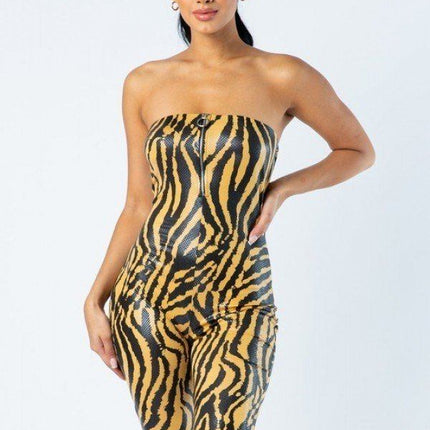 Zebra Print Tube Romper With Front O Ring Zipper Detail